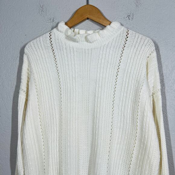 Mustard Seed Cable Knit Ruffle Neck Sweater Cream Casual Knit Long Slv - L - Picture 2 of 5